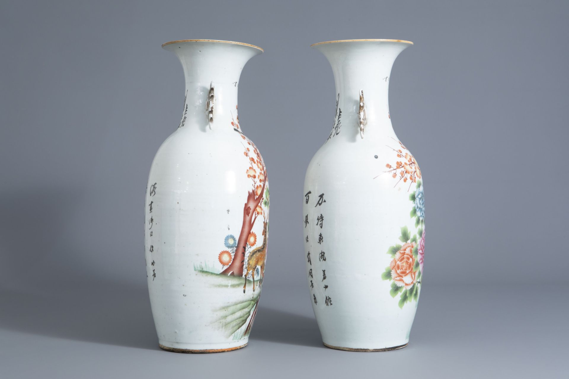 A pair of Chinese famille rose vases with deer among flowering branches, 20th C. - Image 2 of 6