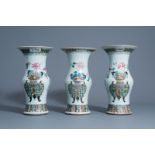 Three Chinese famille rose yenyen vases with flower baskets, 19th C.