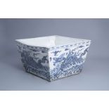 A large Chinese blue and white square 'sea dragon' jardiniere, 19/20th C.