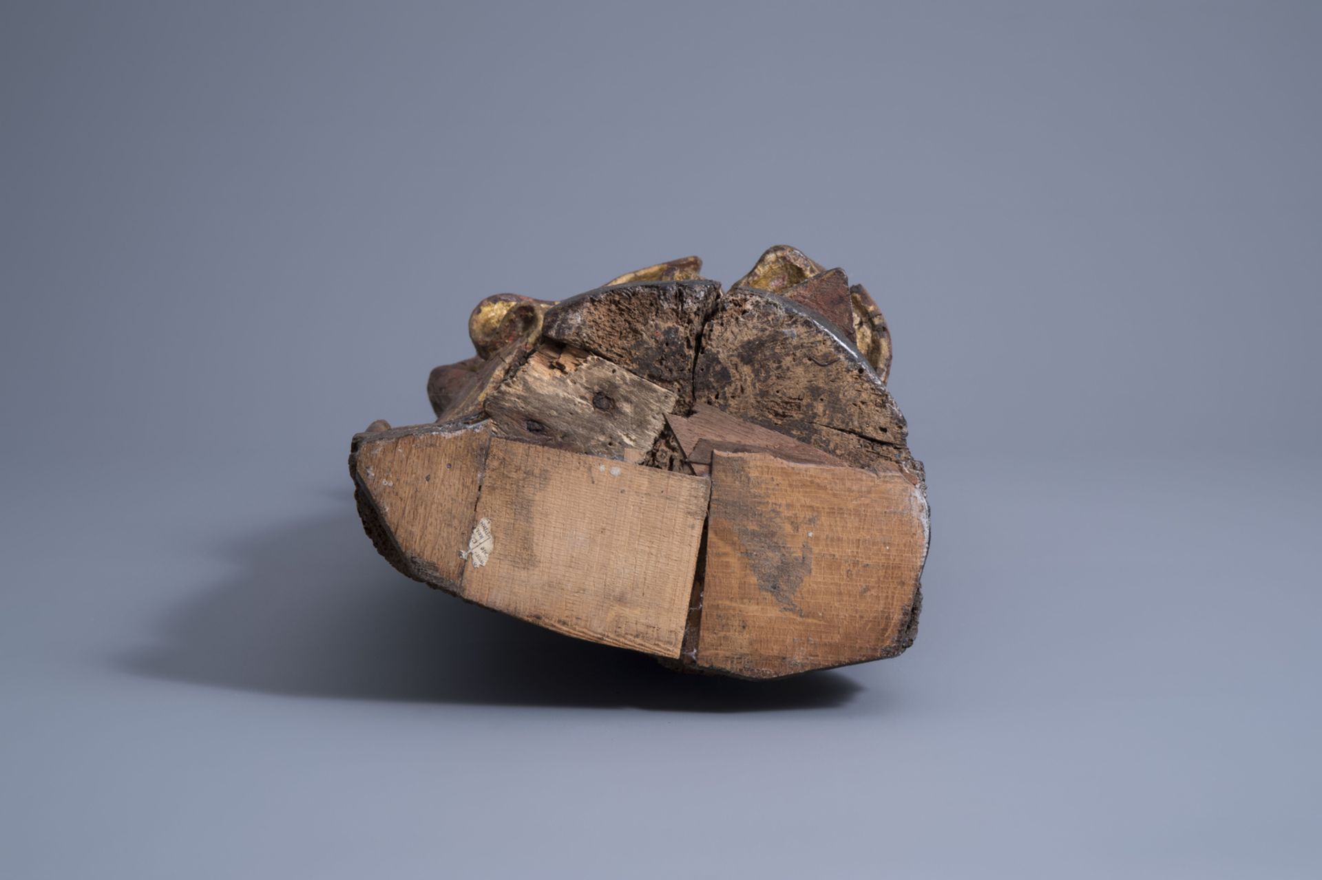 A carved, polychrome painted and gilt wooden figure of a bishop, Southern Netherlands, Flanders, 16t - Image 6 of 7