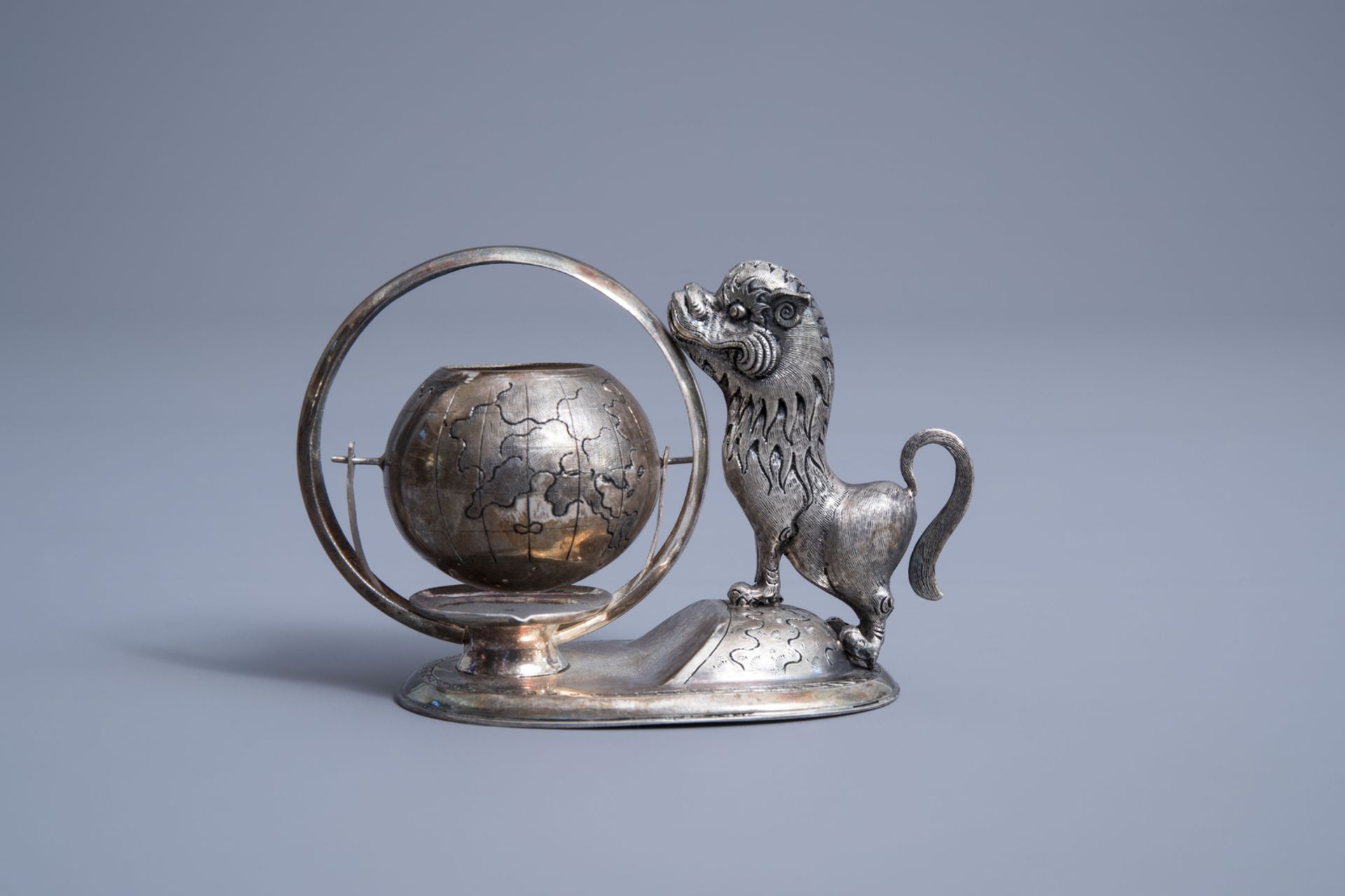 A Vietnamese silver tea strainer in the shape of a mythical animal playing with a globe, 800/000, 19 - Image 5 of 11