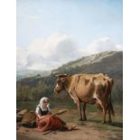 Eugne Joseph Verboeckhoven (1798-1881): A shepherdess with a cow, oil on panel, dated 1824
