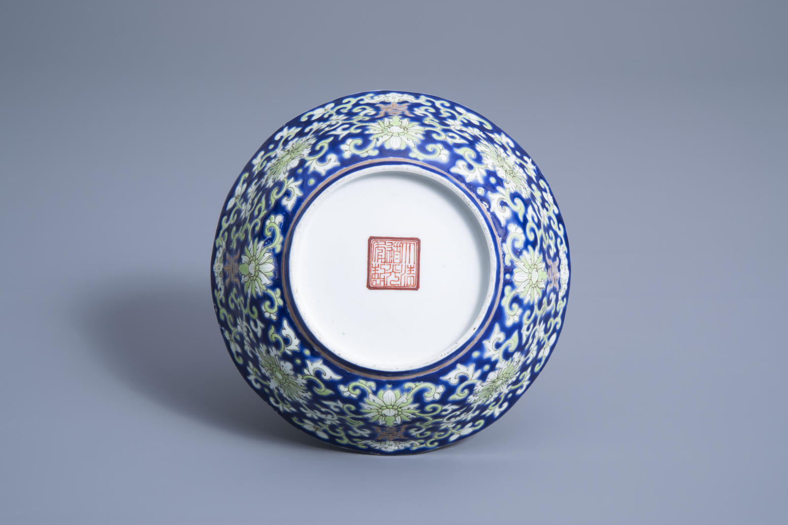 A Chinese blue ground lobed bowl with floral design, Daoguang mark and of the period - Image 7 of 7