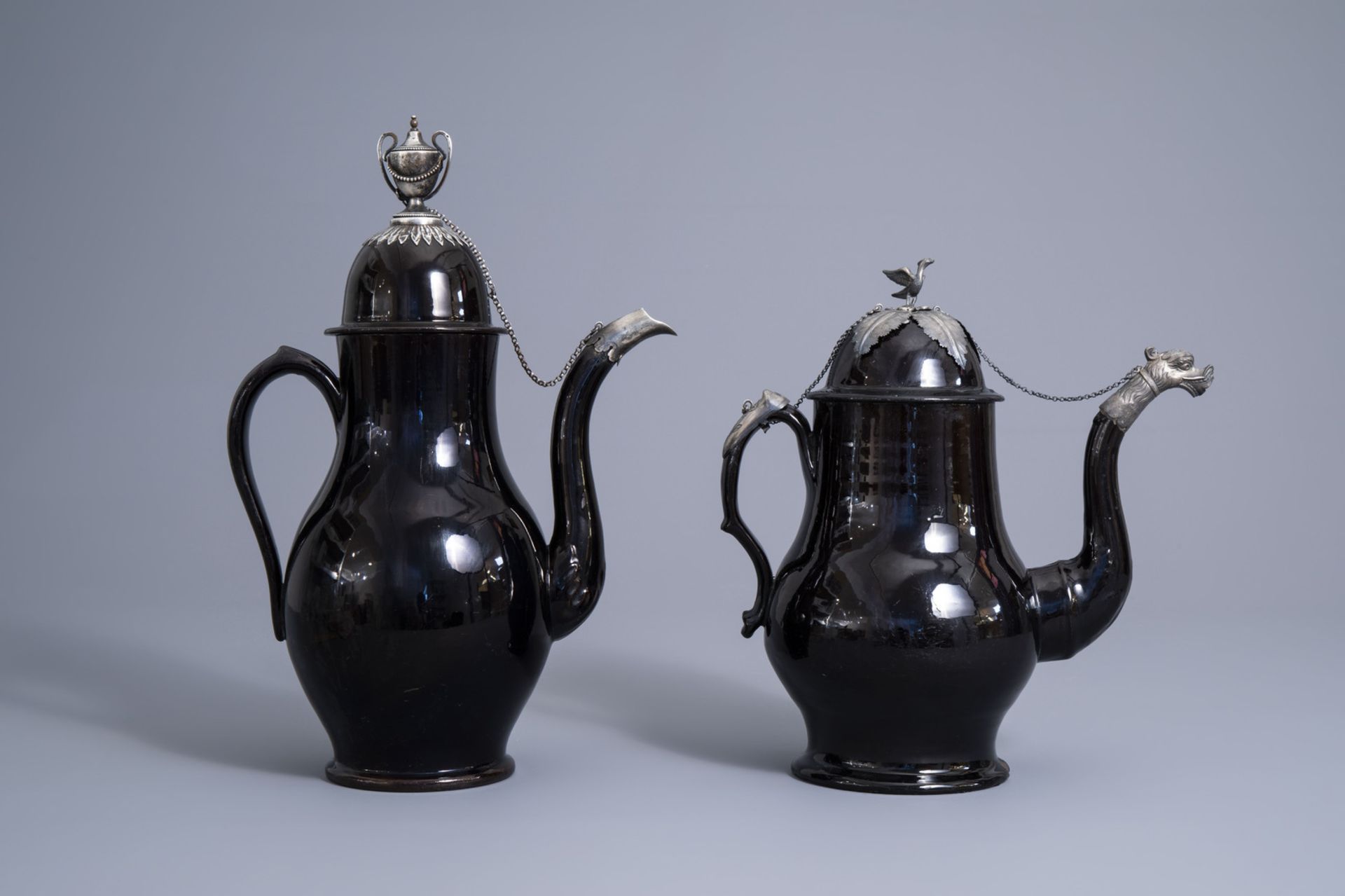 Two large silver mounted Namur black glazed pottery coffee pots, 18th C. - Image 2 of 10