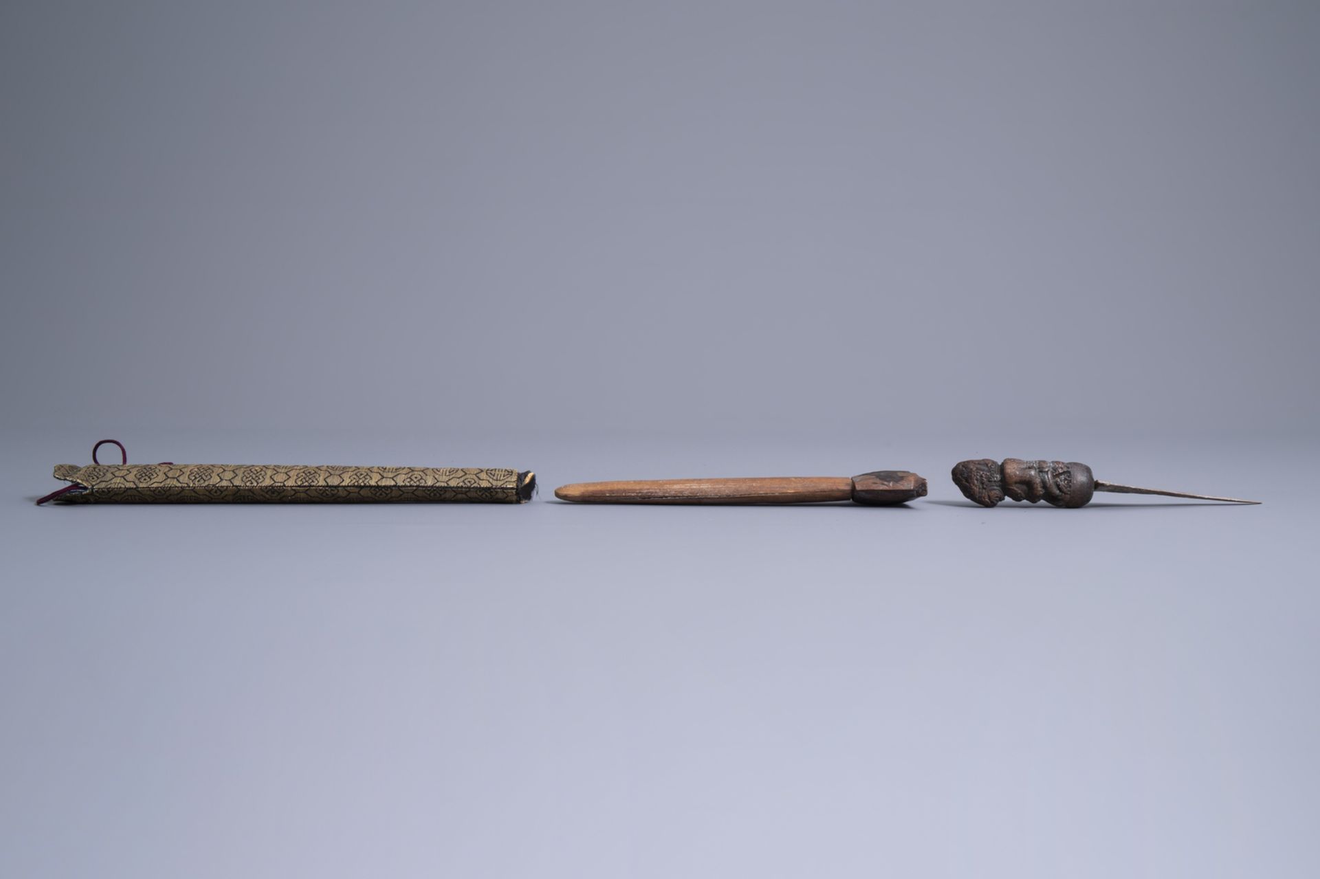 Three Tibetan miniature weapons, an Indonesian betel nut cracker and a kris, 19th/20th C. - Image 8 of 11