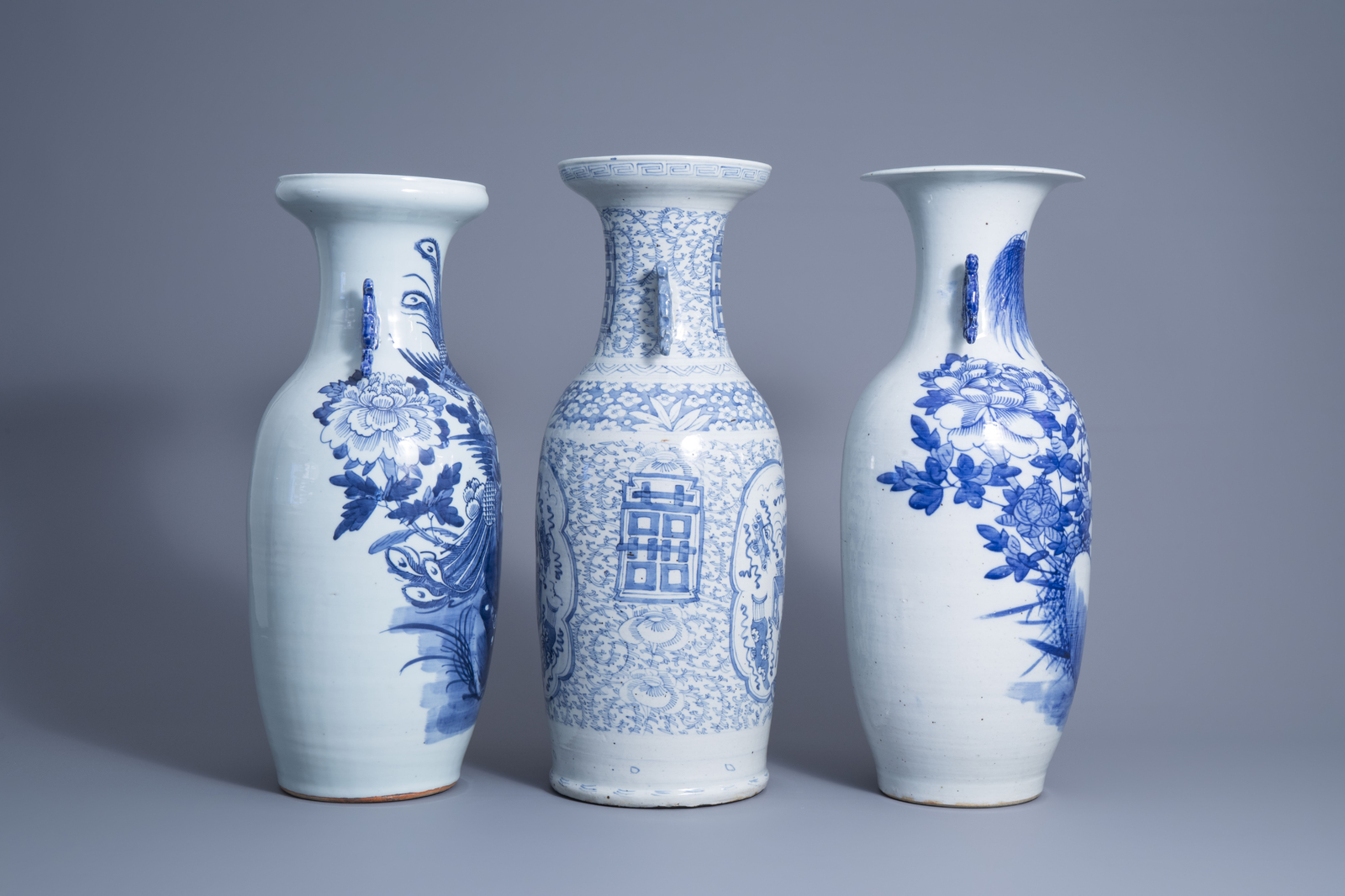 Three various Chinese blue and white and celadon ground vases, 19th/20th C. - Image 2 of 6