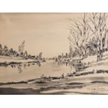 Albert Saverys (1886-1964): A river landscape, ink and watercolour on paper
