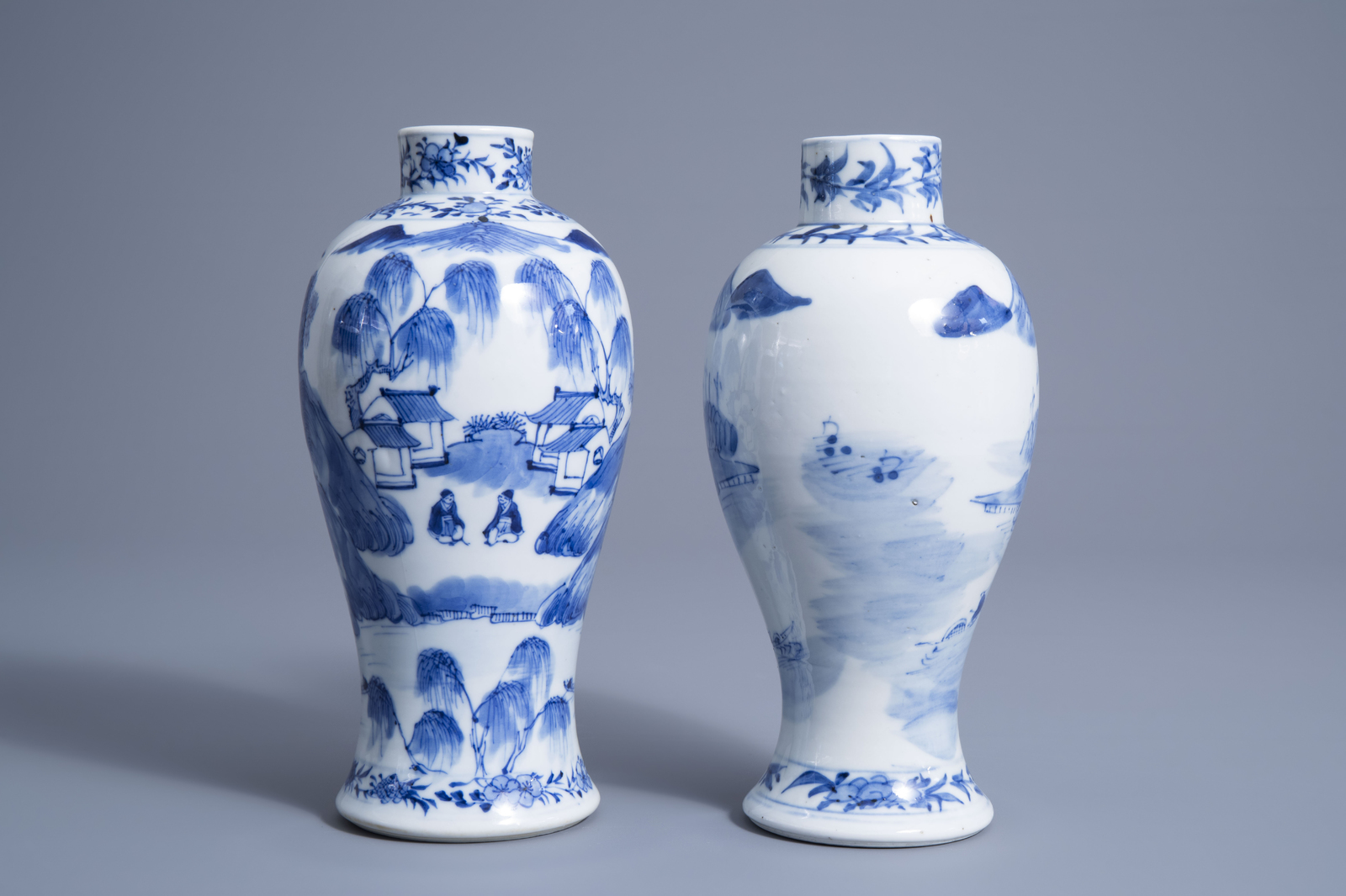 Two Chinese blue and white baluster vases with figures in a river landscape, Kangxi mark, 19th C. - Image 3 of 7