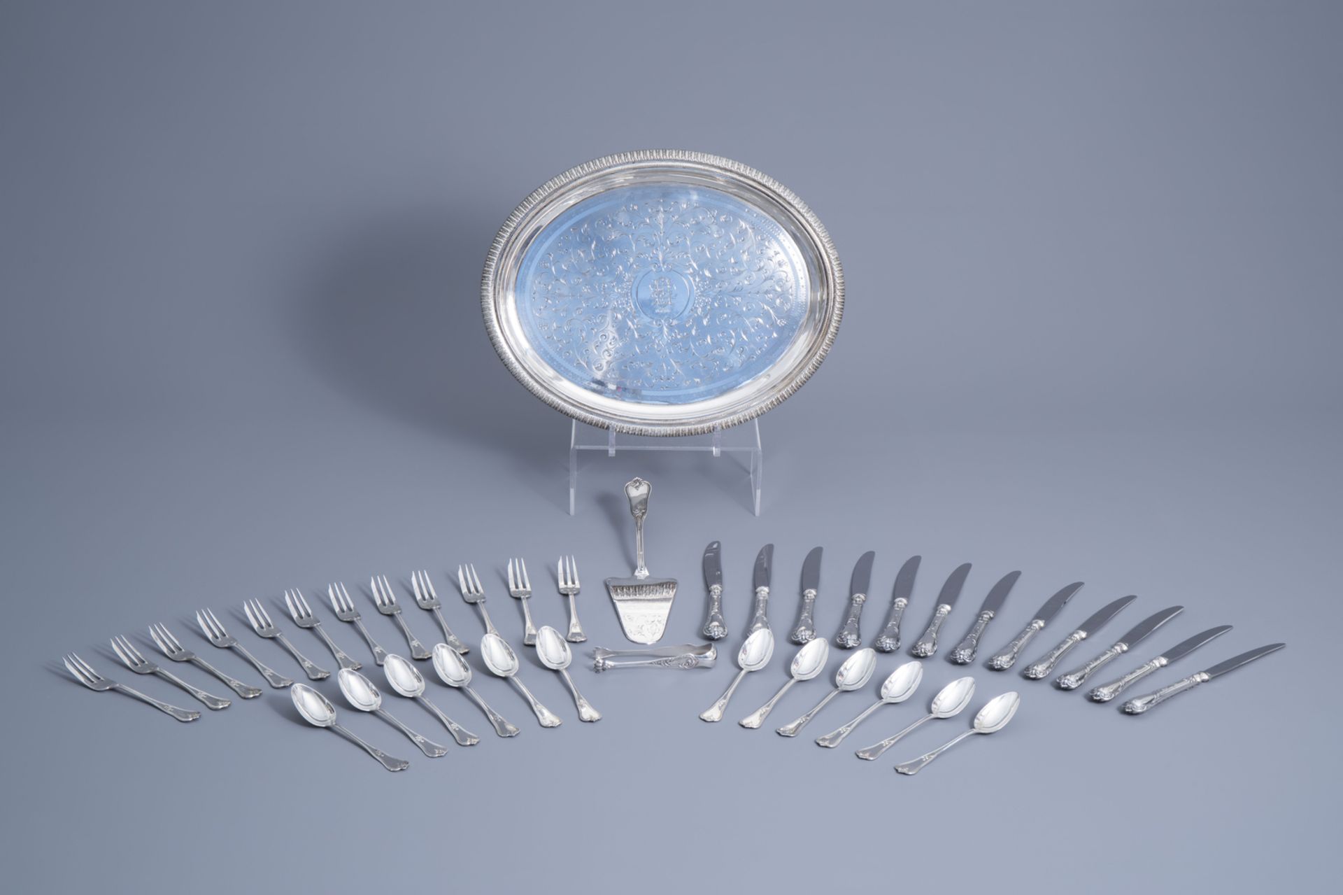 A silver 38-piece dessert cutlery, maker's mark Delheid Frres, 835/000 and a silver tray, 800/000,