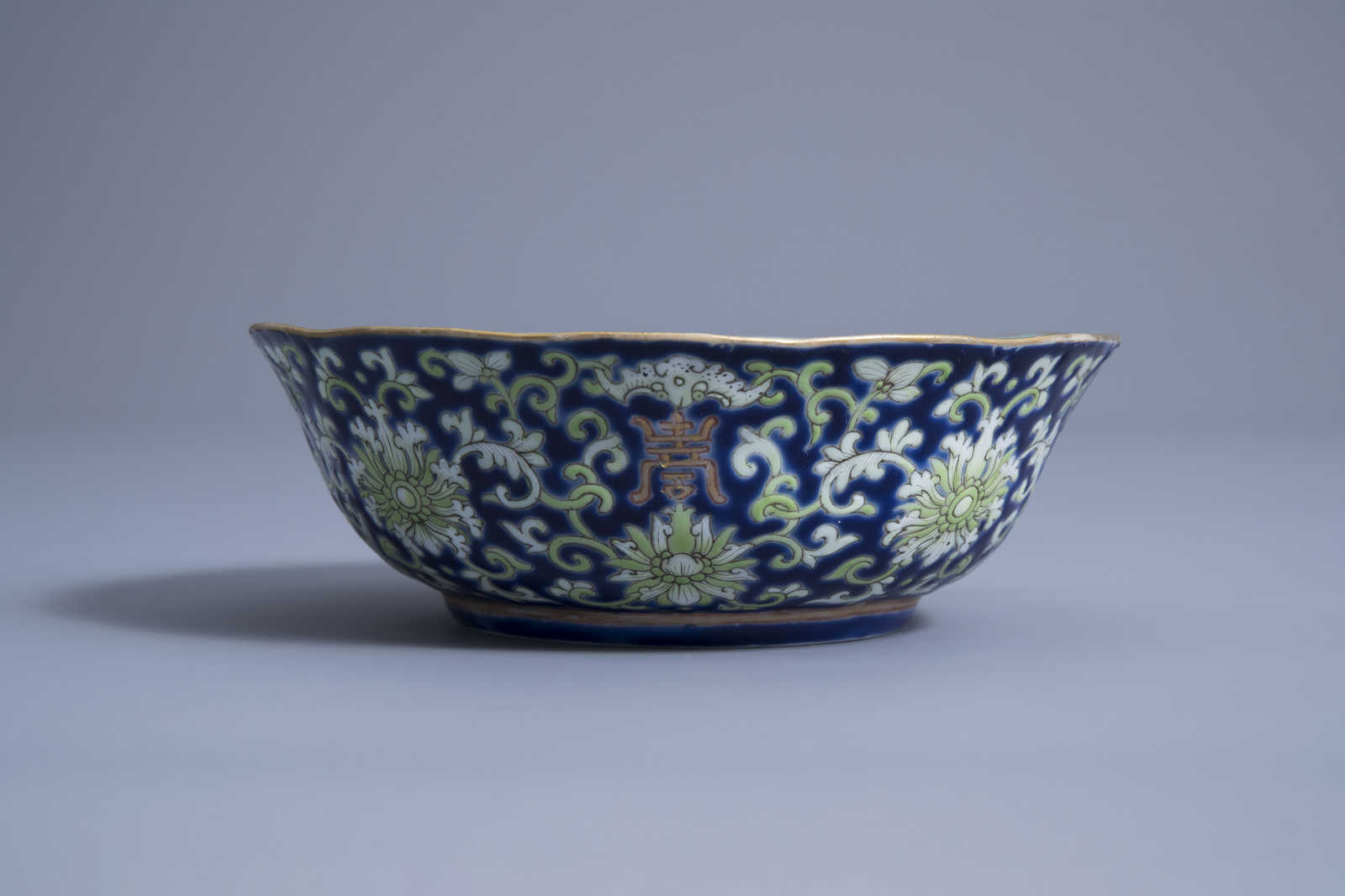 A Chinese blue ground lobed bowl with floral design, Daoguang mark and of the period - Image 2 of 7