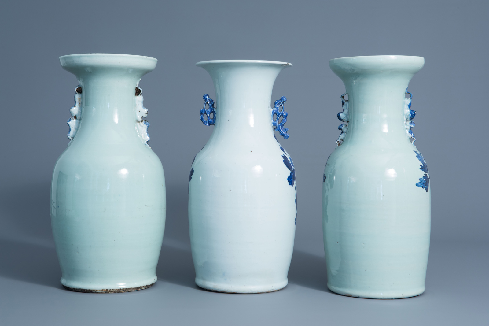 Three Chinese blue and white celadon vases with birds on a branch, 19th C. - Image 3 of 6