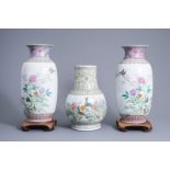 Three Chinese famille rose vases with birds among blossoming branches, 20th C.
