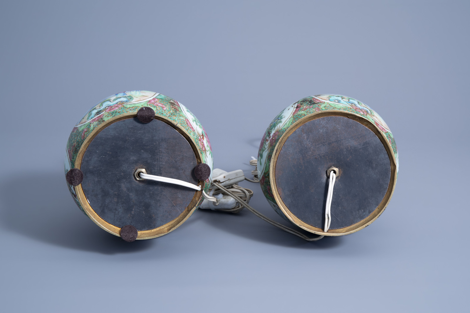 A pair of Chinese Canton famille rose double gourd vases mounted as lamps, 19th C. - Image 6 of 7
