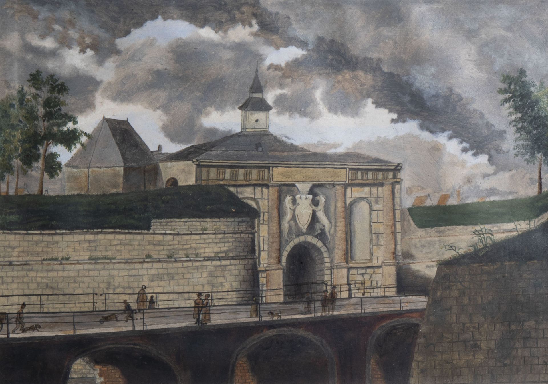 Belgian school: Two Antwerp city gates, mixed media on paper, first half of the 19th C. - Image 4 of 8