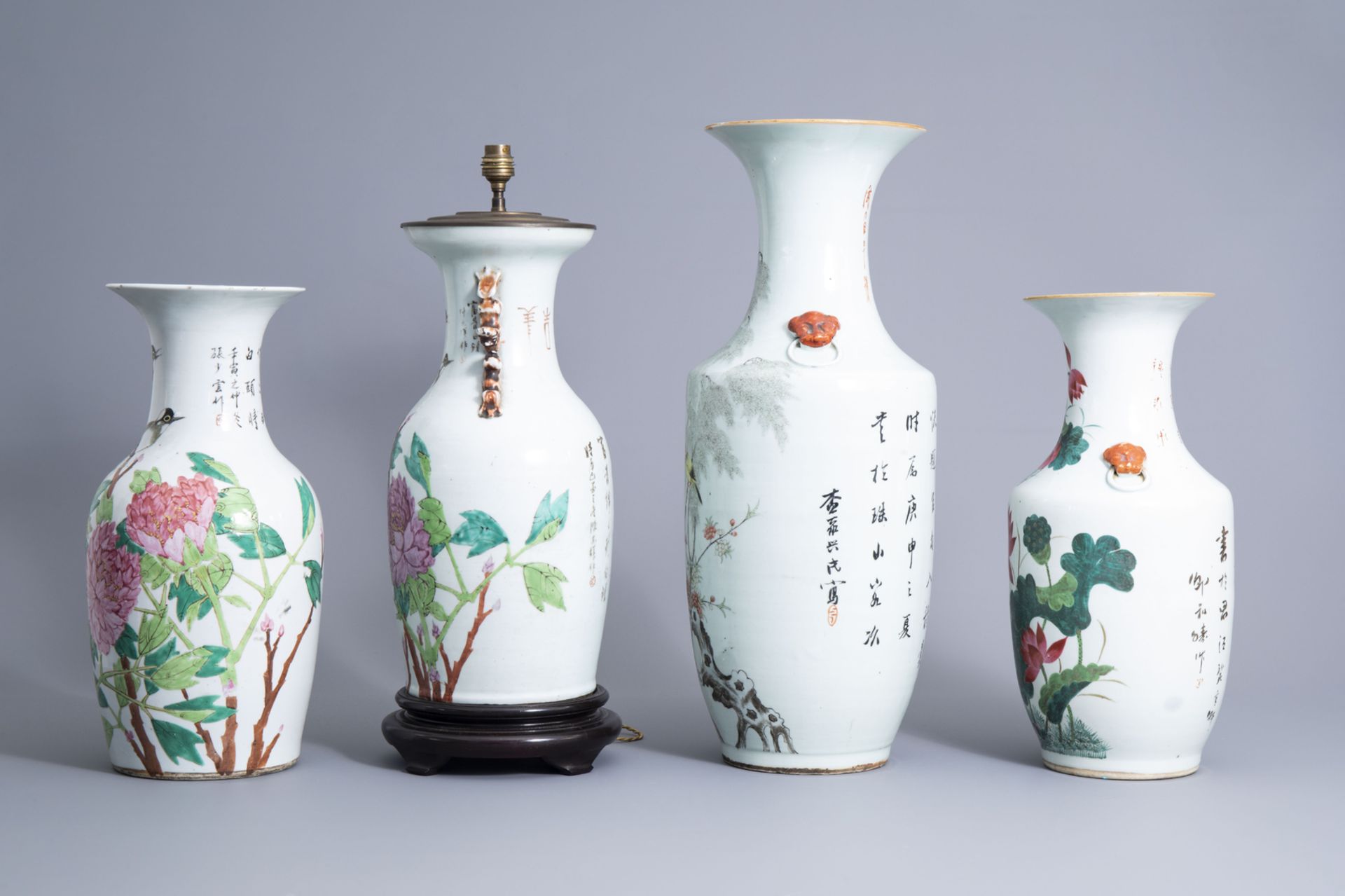Four various Chinese qianjiang cai vases with birds among blossoming branches, 19th/20th C. - Image 4 of 6