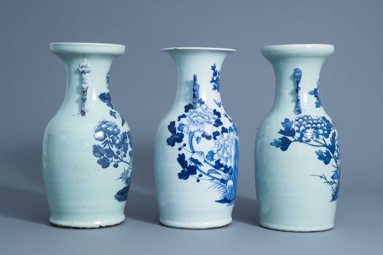 Three Chinese blue and white celadon vases with birds on a branch, 19th C. - Image 2 of 6