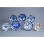 Seven various Dutch Delft blue, white and polychrome dishes, 18th C.