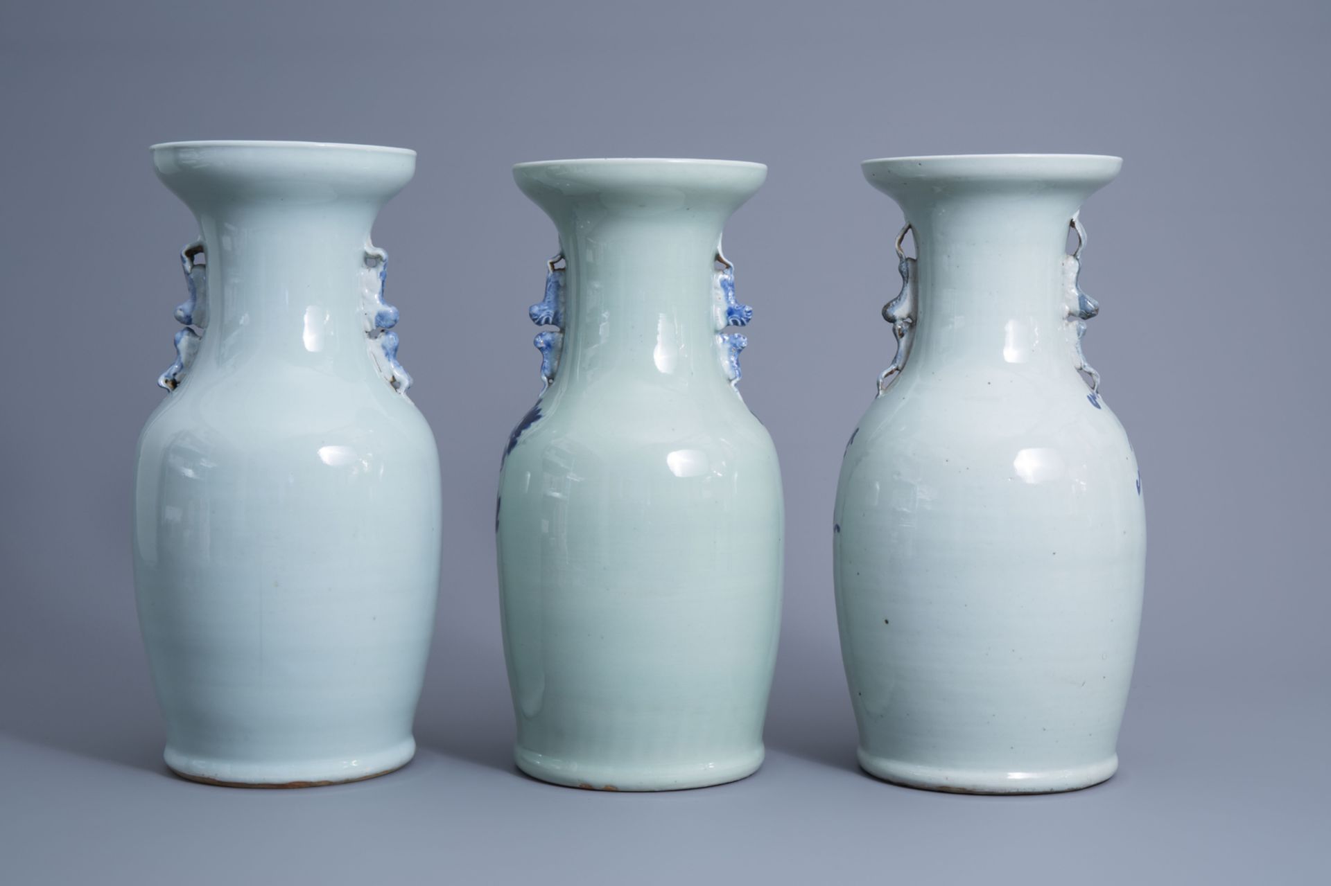 Three various Chinese blue and white celadon ground vases, 19th C. - Image 3 of 6