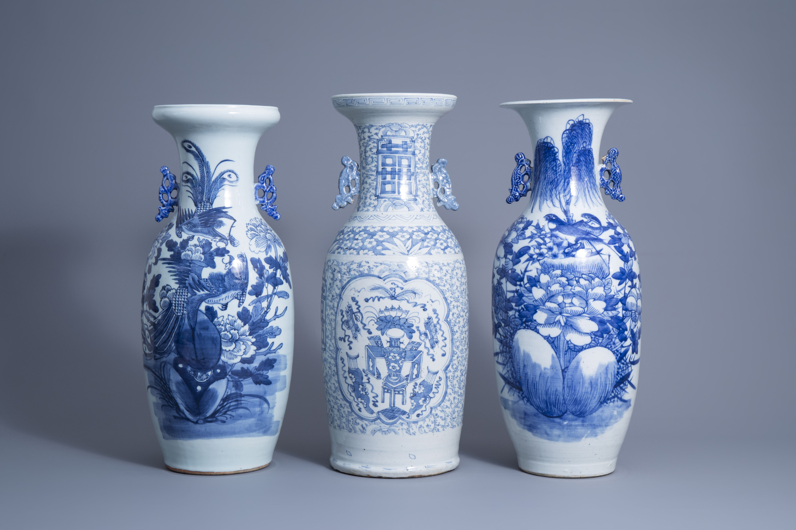 Three various Chinese blue and white and celadon ground vases, 19th/20th C.