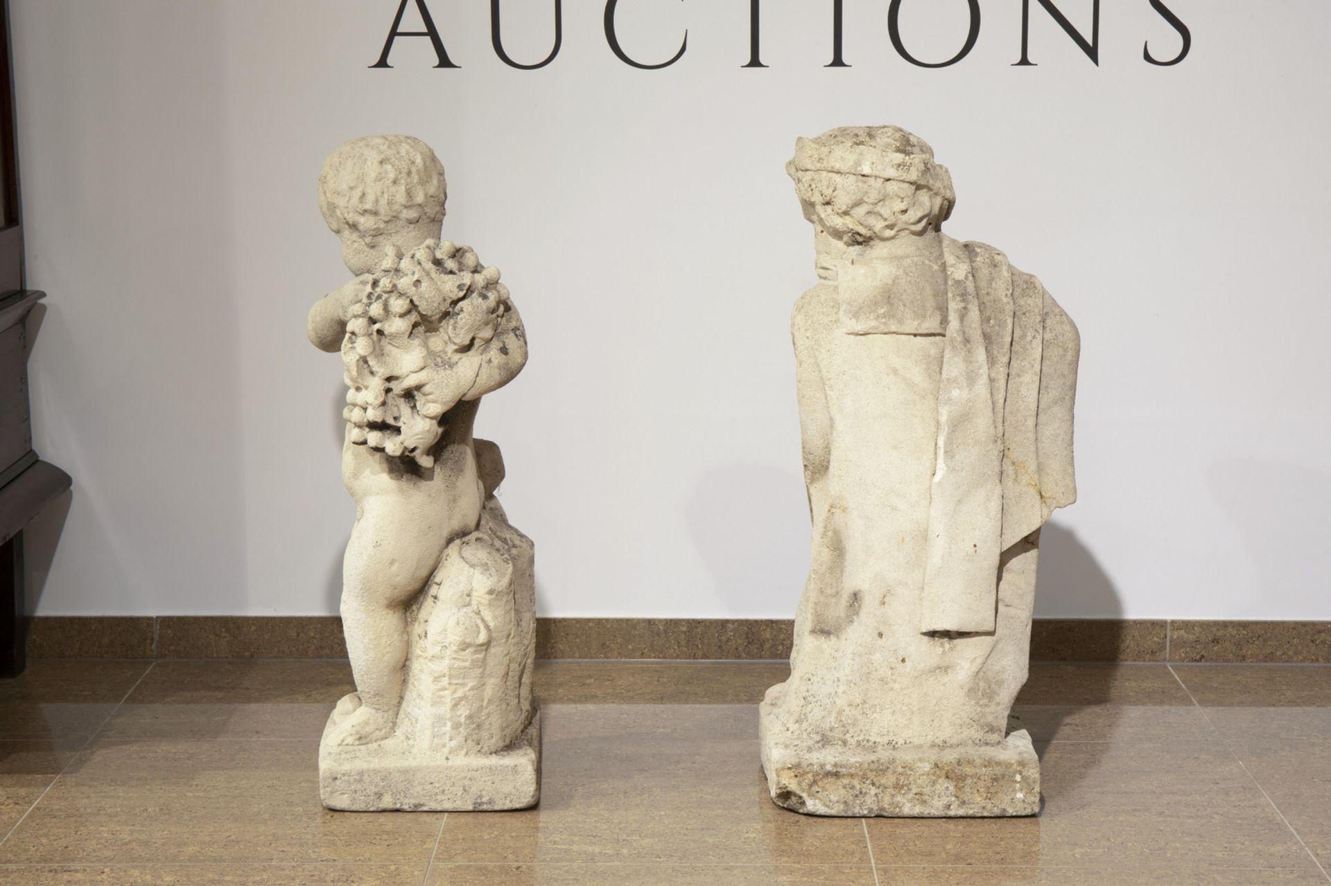 A pair of most probably French limestone garden statues depicting autumn and winter, 18th C. - Image 5 of 9