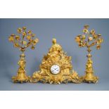 A French gilt bronze three-piece clock garniture with classical theme, 19th C.