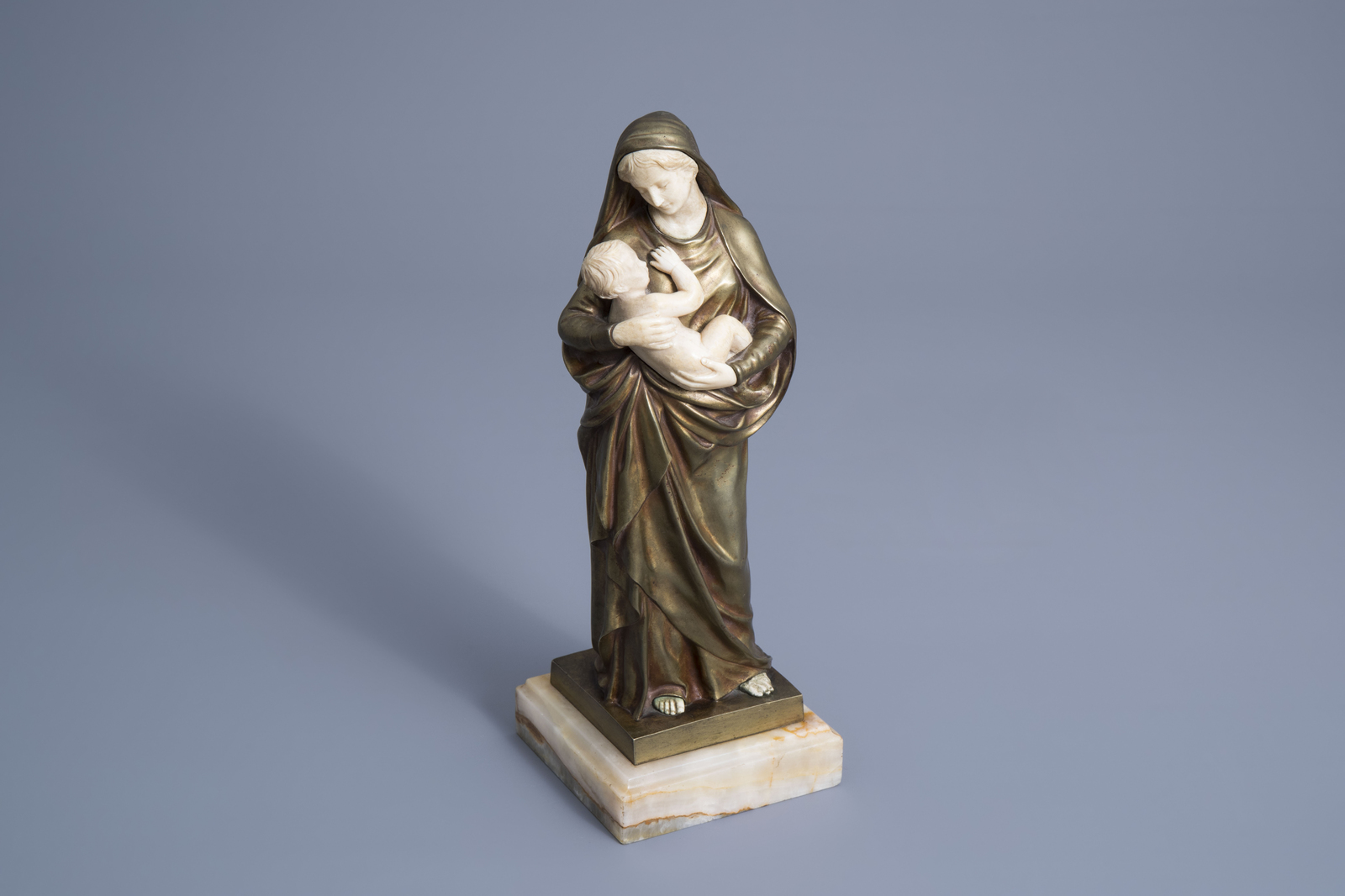 LŽon Morice (1868-1958): The Virgin and Child, chryselephantine on an onyx marble base