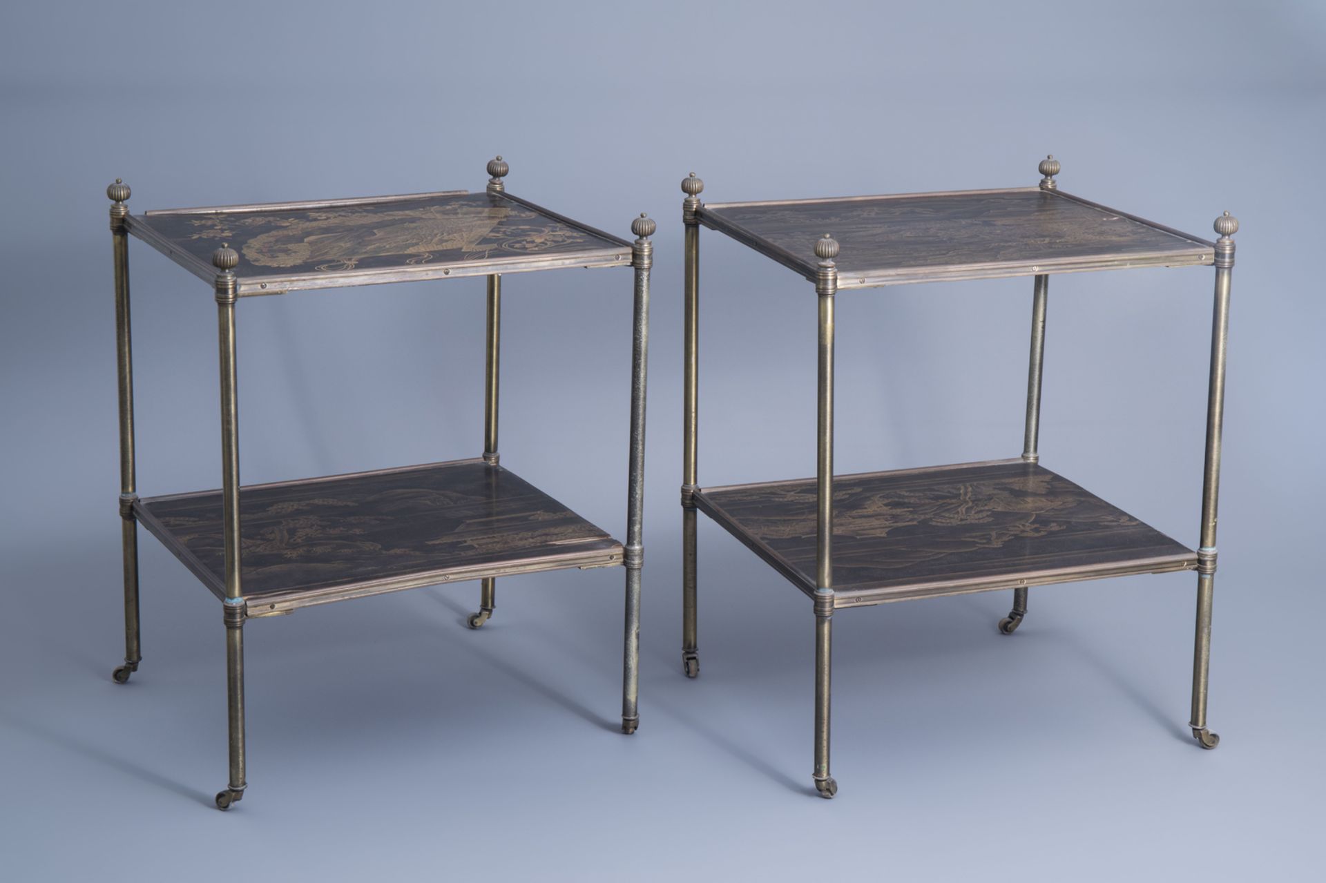 Two rectangular two tier side tables decorated in the style of Japanese lacquerware, 1970's