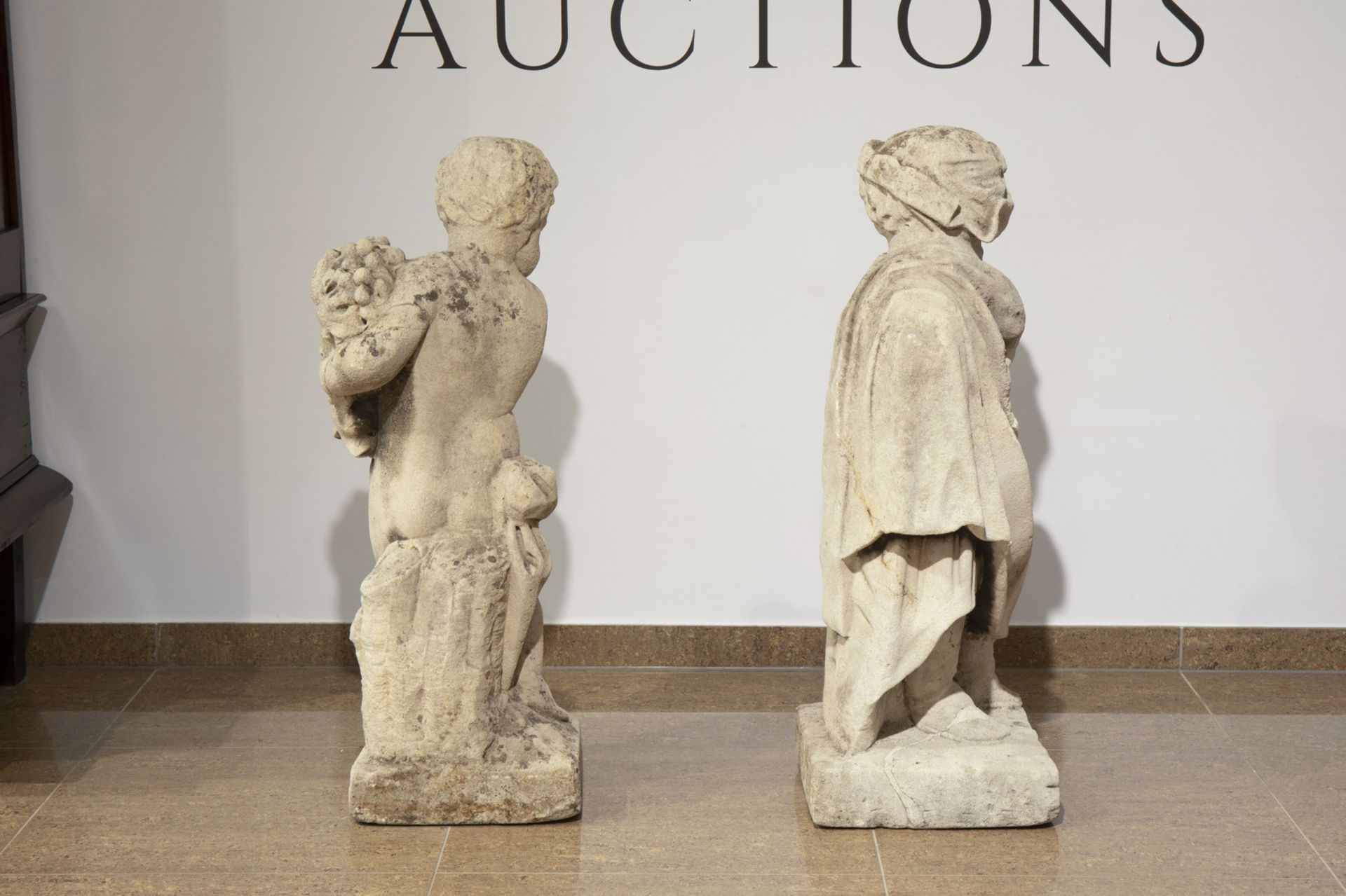 A pair of most probably French limestone garden statues depicting autumn and winter, 18th C. - Image 4 of 9