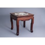 A Chinese wooden side table with 'dream stone' plaque, 19th/20th C.