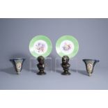 A pair of old Paris porcelain mural vase, a pair of Limoges plates with floral design and a pair of