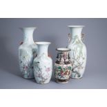 Three Chinese qianjiang cai vases with birds among blossoming branches and a Nanking crackle glazed