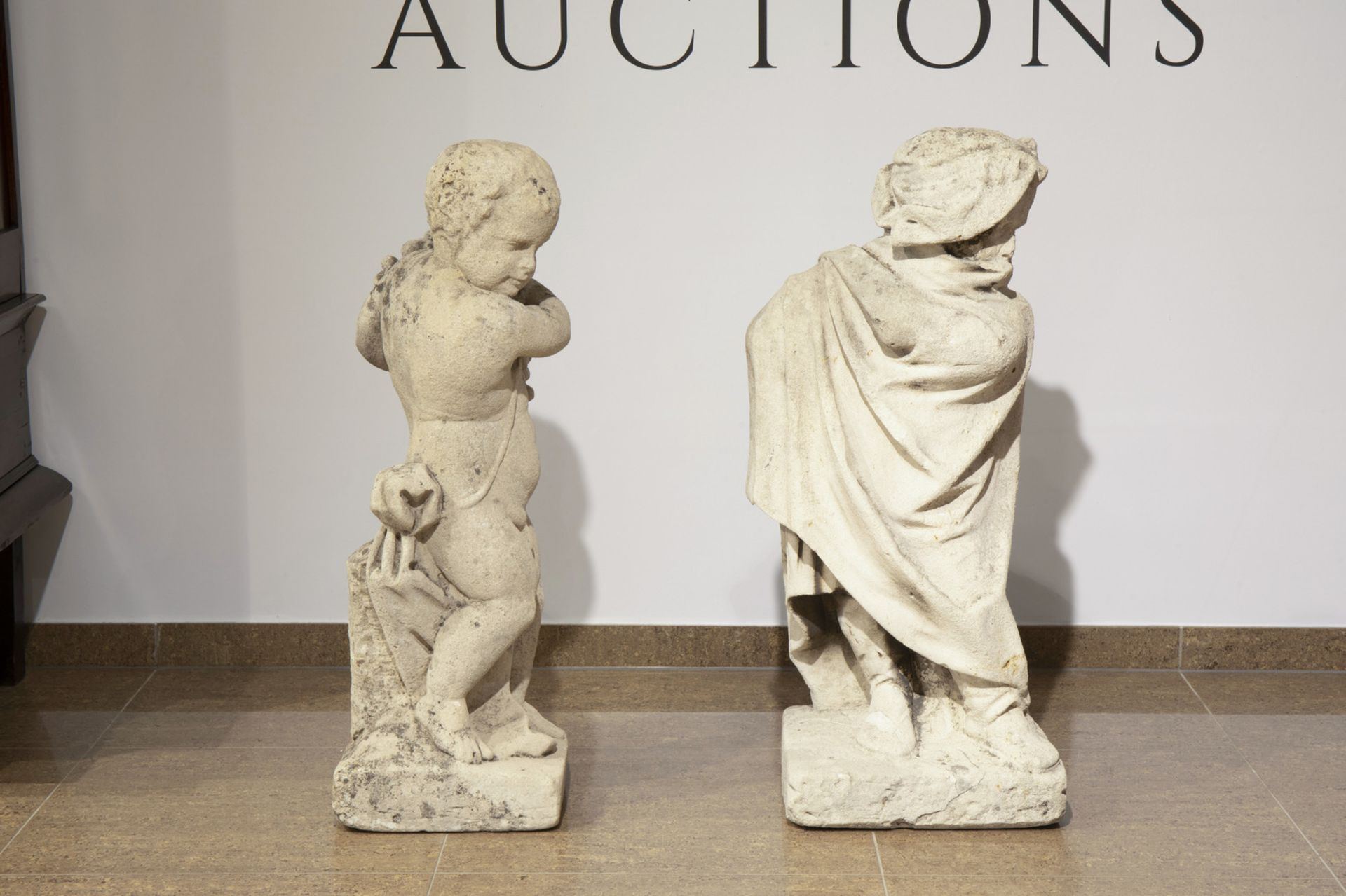 A pair of most probably French limestone garden statues depicting autumn and winter, 18th C. - Image 3 of 9