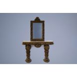 A Portuguese wooden wall console with marble top and matching Louis XV style mirror, 20th C.