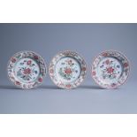 Three Chinese famille rose plates with floral design and a butterfly, Qianlong