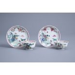 A pair of Chinese famille rose cups and saucers with mountain landscapes, Yongzheng