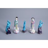 Five Chinese turquoise and aubergine glazed famille rose porcelain figures, 19th/20th C.