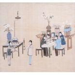 Chinese school, ink and colour on silk, 19th C.: An animated interior with flower vases