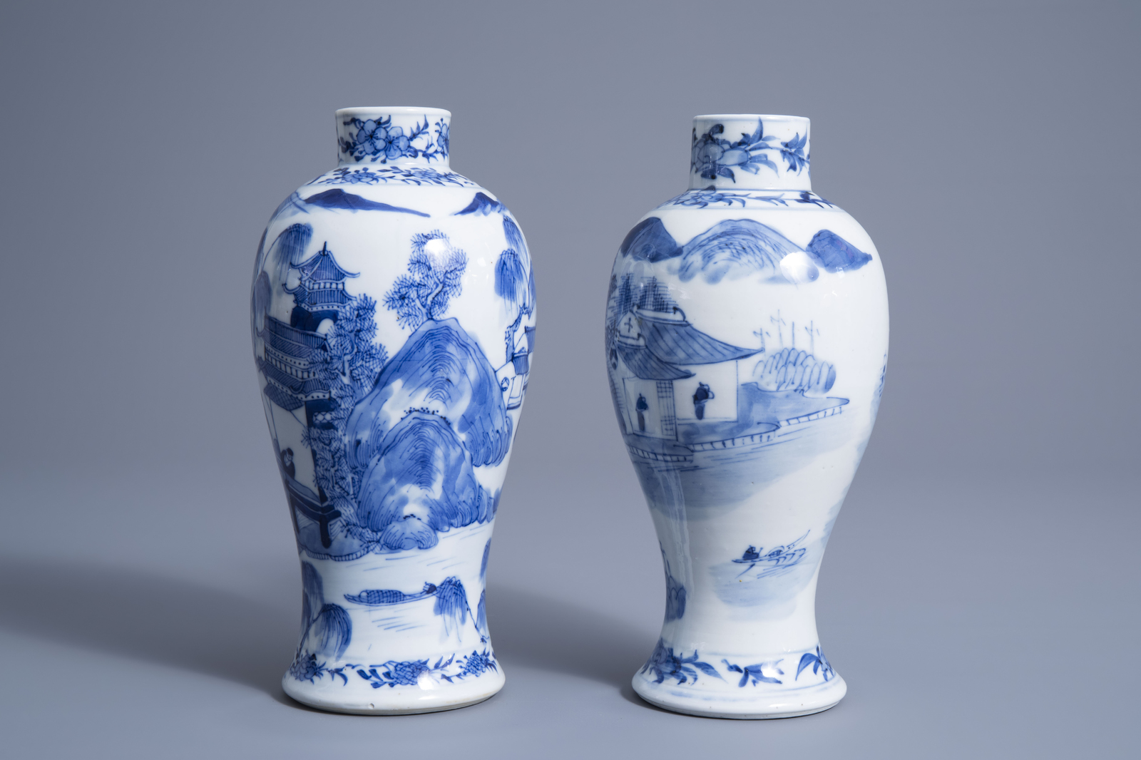 Two Chinese blue and white baluster vases with figures in a river landscape, Kangxi mark, 19th C. - Image 4 of 7