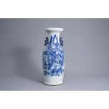 A Chinese blue and white celadon ground 'landscape' vase, 19th C.