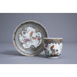 A fine Chinese famille rose and grisaille 'rooster' cup and saucer, Yongzheng
