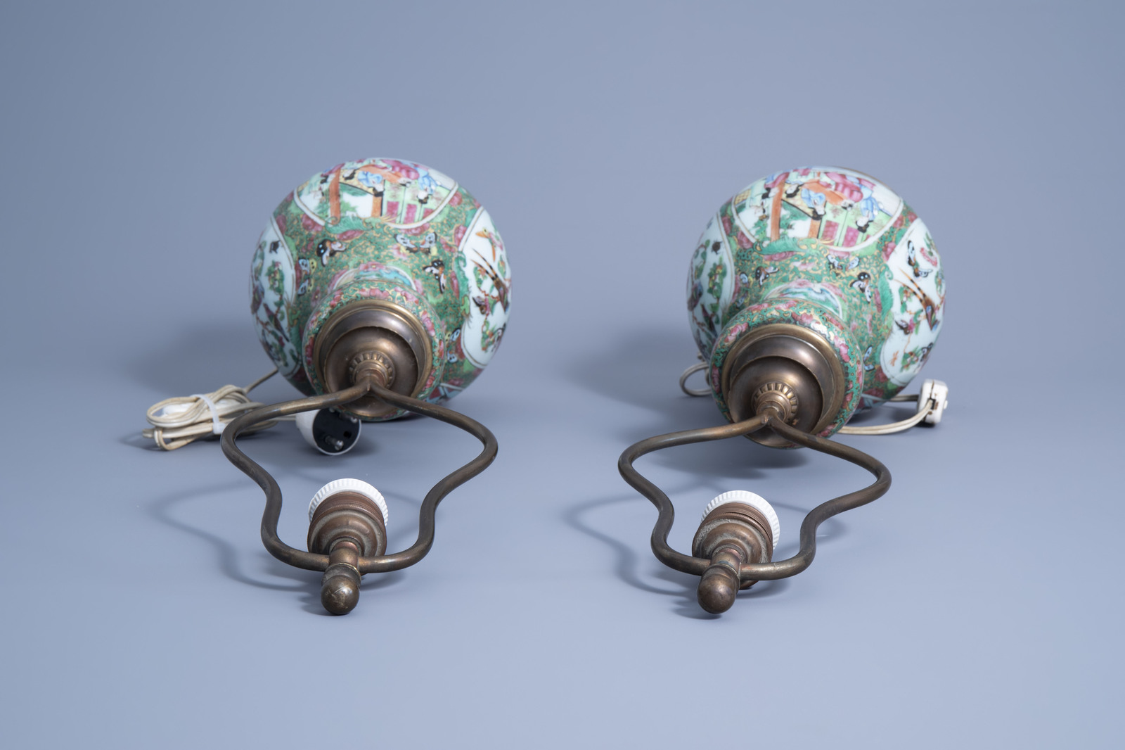 A pair of Chinese Canton famille rose double gourd vases mounted as lamps, 19th C. - Image 7 of 7