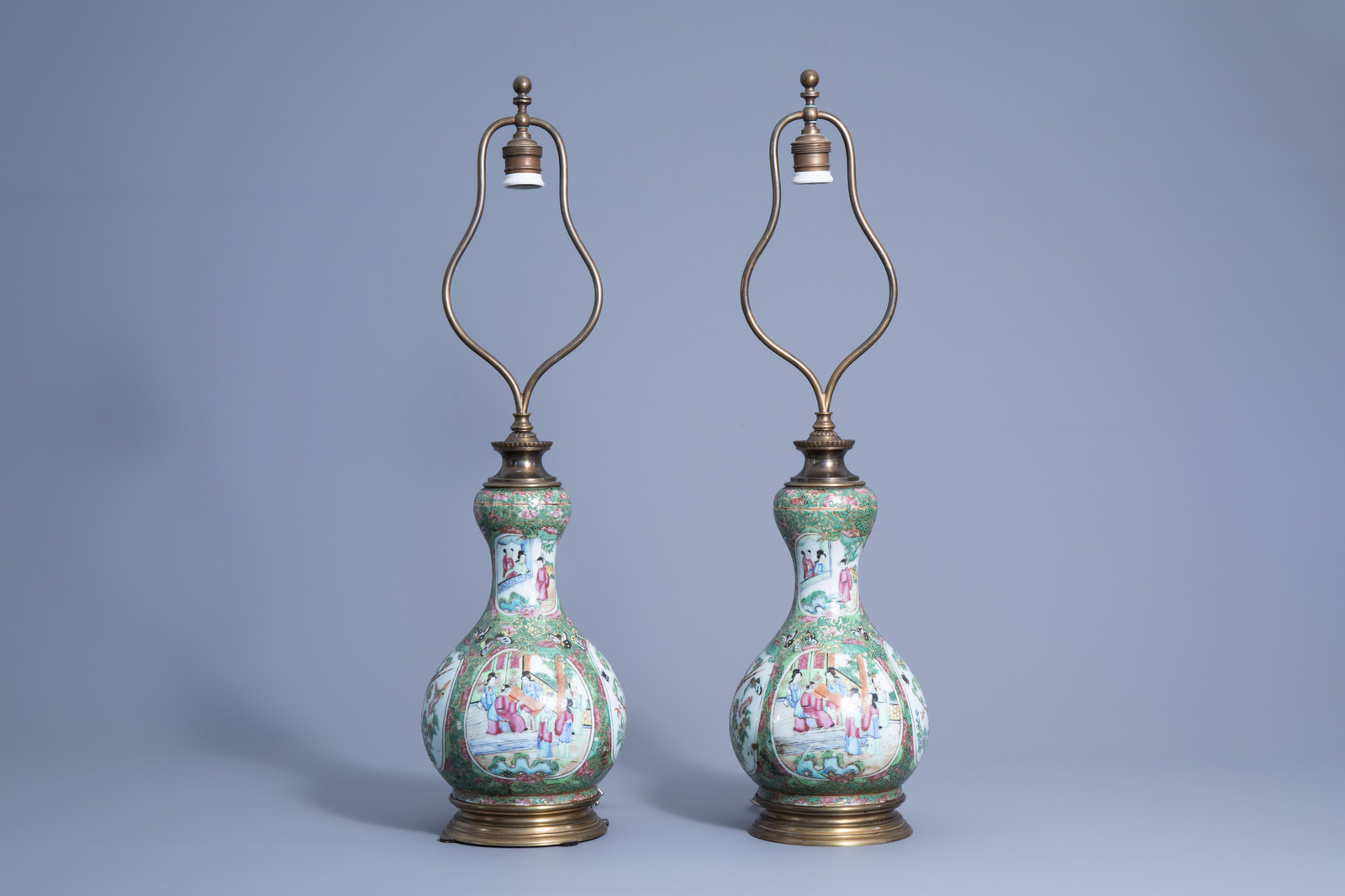 A pair of Chinese Canton famille rose double gourd vases mounted as lamps, 19th C. - Image 2 of 7