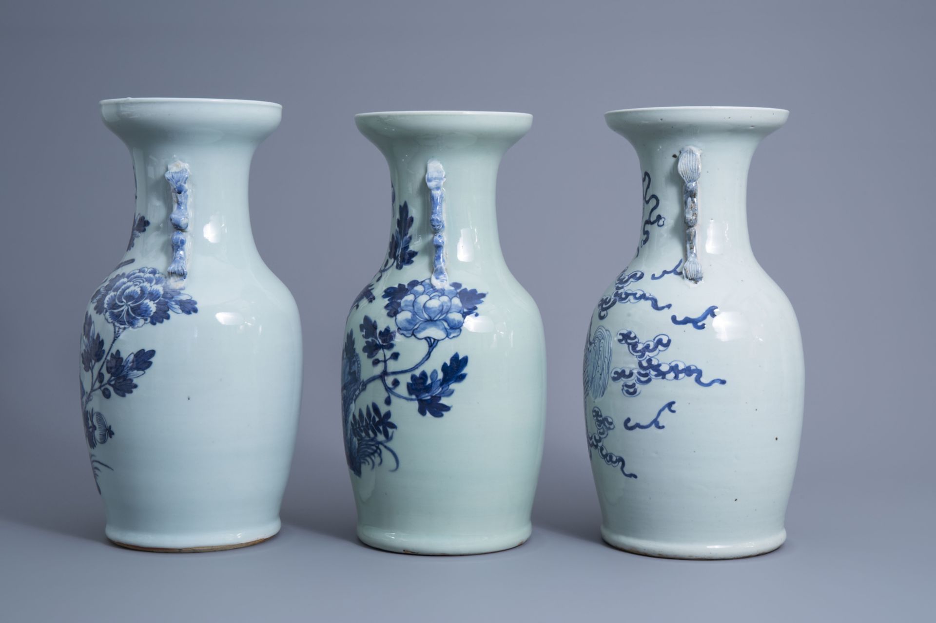 Three various Chinese blue and white celadon ground vases, 19th C. - Image 4 of 6