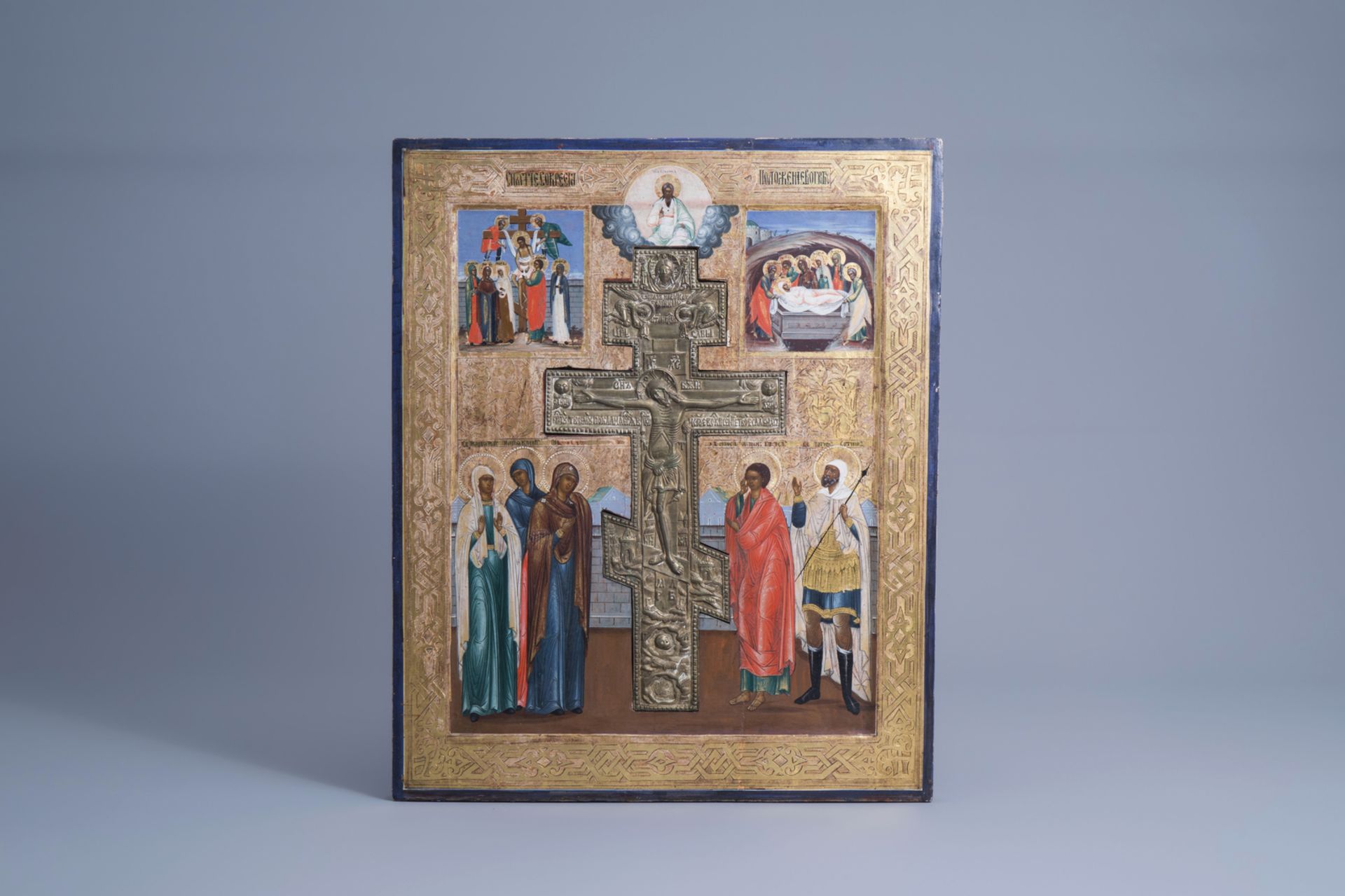 A large Russian Stavrotek icon with depictions of the descent from the cross and the entombment of C - Image 2 of 3