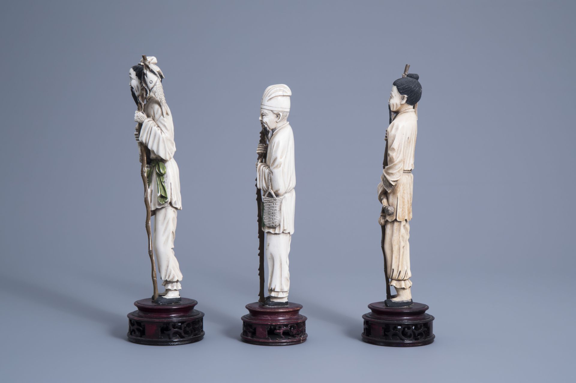 Three Chinese carved ivory figures of fishermen, 19th/20th C. - Image 5 of 7