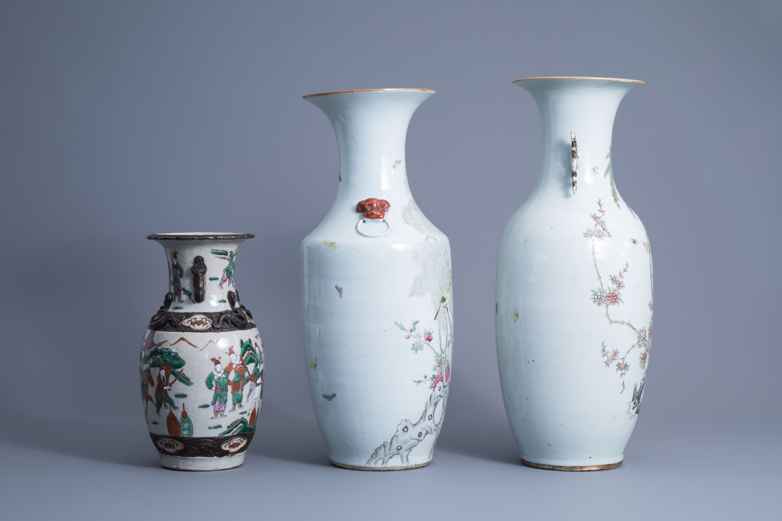 Three Chinese qianjiang cai vases with birds among blossoming branches and a Nanking crackle glazed - Image 10 of 15