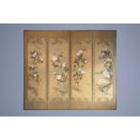 A French Japonism four-fold painted silk room divider with birds on flowering branches, 19th C.