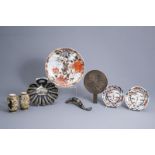 A pair of Japanese Satsuma vases and a dish, a pair of Imari plates, a mirror and a dustpan with bru
