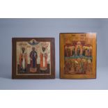 Two Russian icons, 'Pokrov, Protection of the Mother of God' and 'The Three Hierarchs of Orthodoxy',