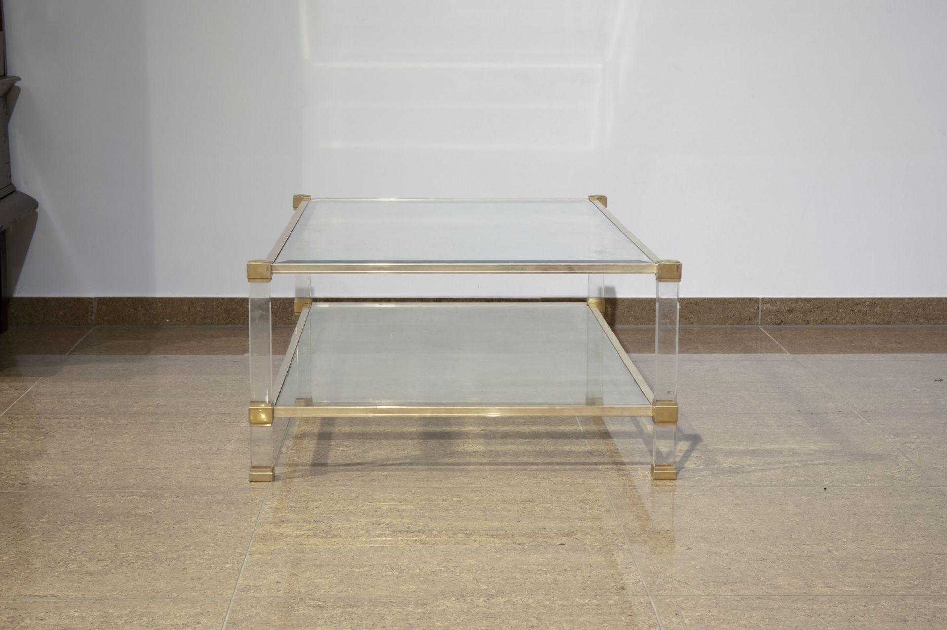 A Pierre Vandel brass and bevelled glass coffee table with lucite legs, France, 1970's - Image 6 of 7